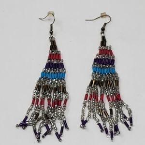 Vintage Colorful beaded long fringed earrings 4"  Great condition